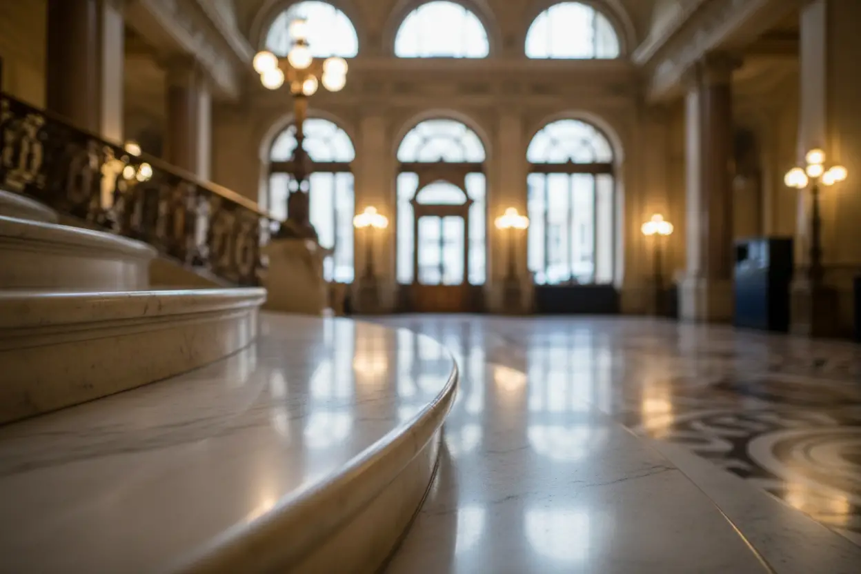 Escalier en marbre de luxe rénové et brillant dans un immeuble parisien